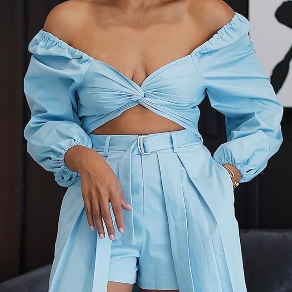 The Drop Womens Sky Blue Blouson Sleeve Twist-Front Top - Picture 2 of 8